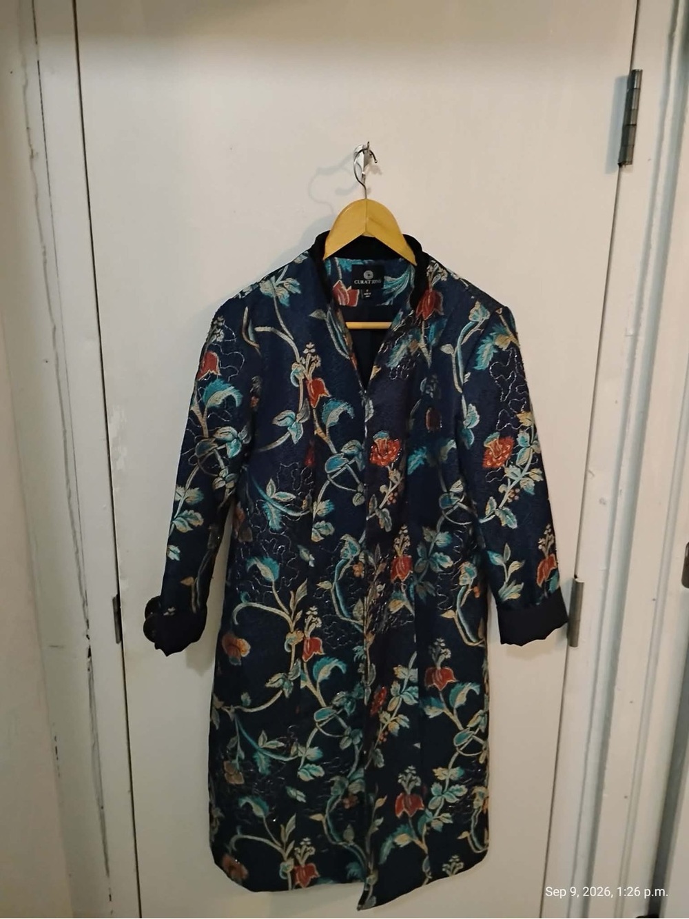 Coldwater Creek Navy Floral Long Robe Jacket